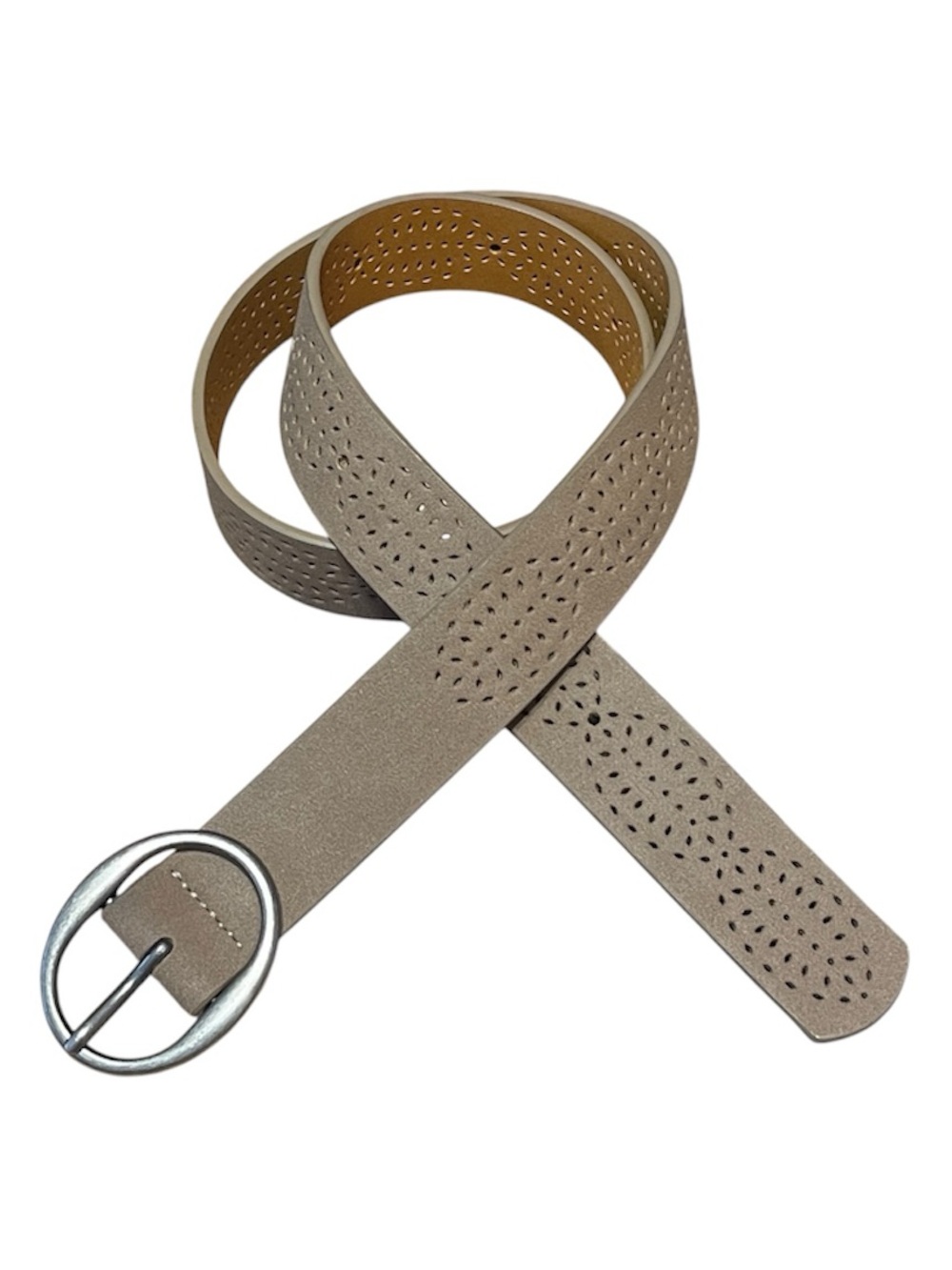 Womens Perforated Faux Leather Fashion Belt Oval Silver Tone Buckle Taupe 31-33"